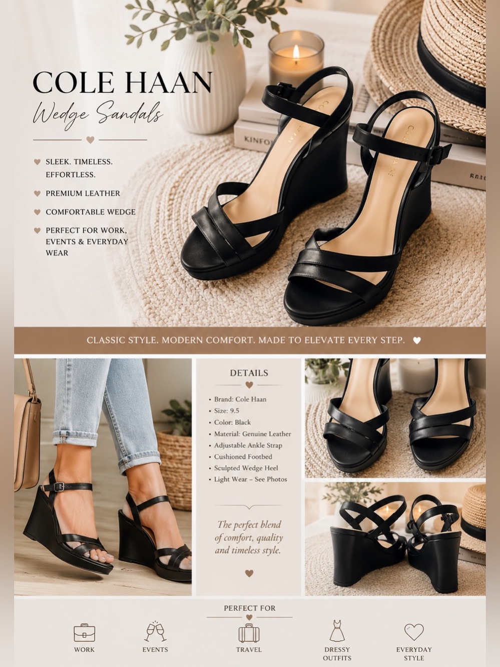 Cole Haan Black Leather Wedge Sandals with Ankle Strap